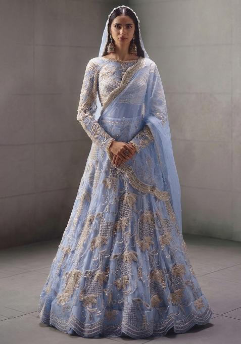 Powder Blue Embroidered Bridal Lehenga Set — view on Indya