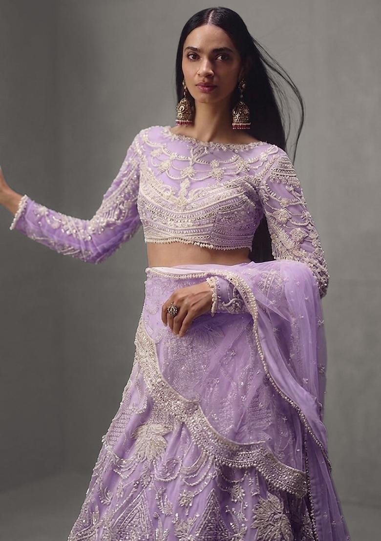 Lavender Embroidered Bridal Lehenga Set - Indya