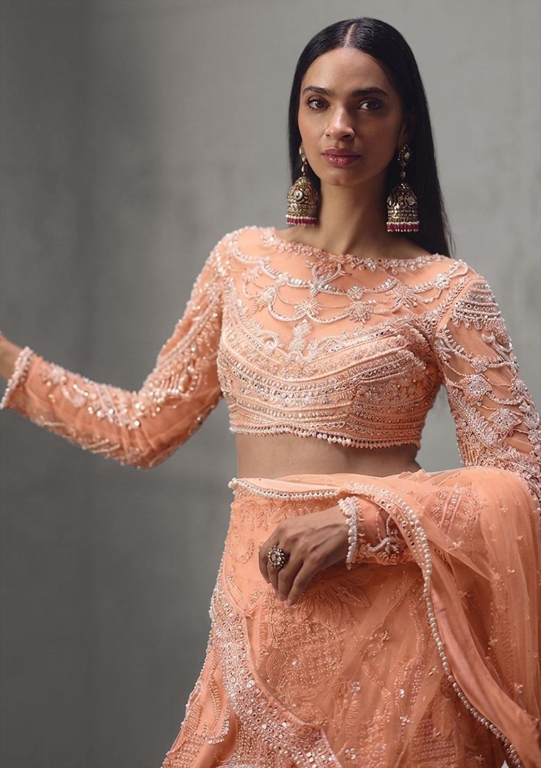 Peach Embroidered Bridal Lehenga Set - Indya