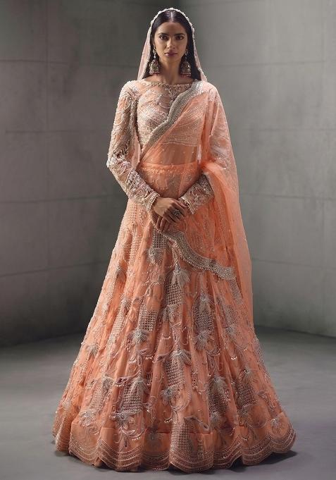 Peach Embroidered Bridal Lehenga Set — view on Indya
