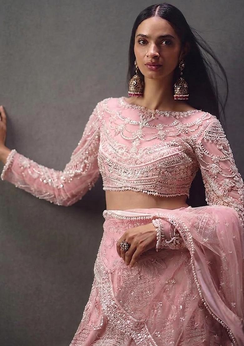 Light Pink Embroidered Bridal Lehenga Set - Indya