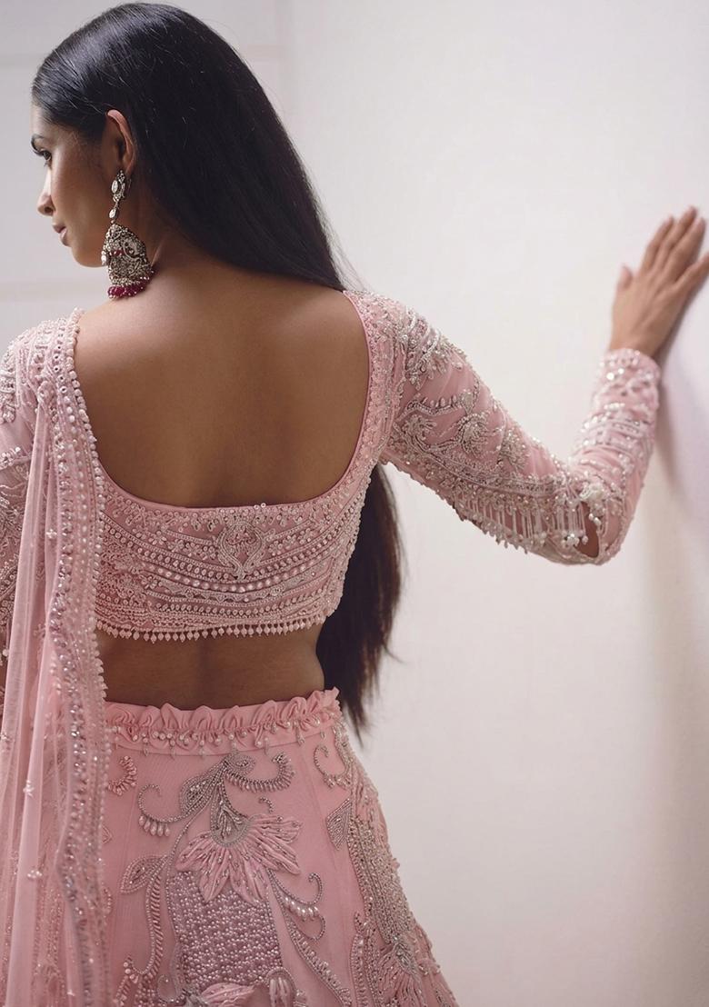 Light Pink Embroidered Bridal Lehenga Set - Indya