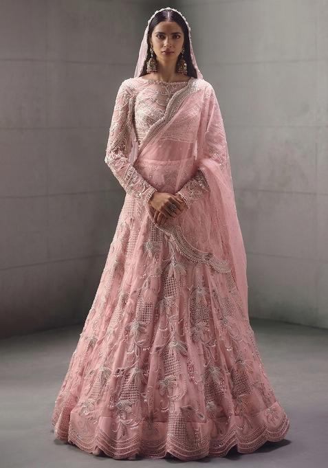 Light Pink Embroidered Bridal Lehenga Set — view on Indya