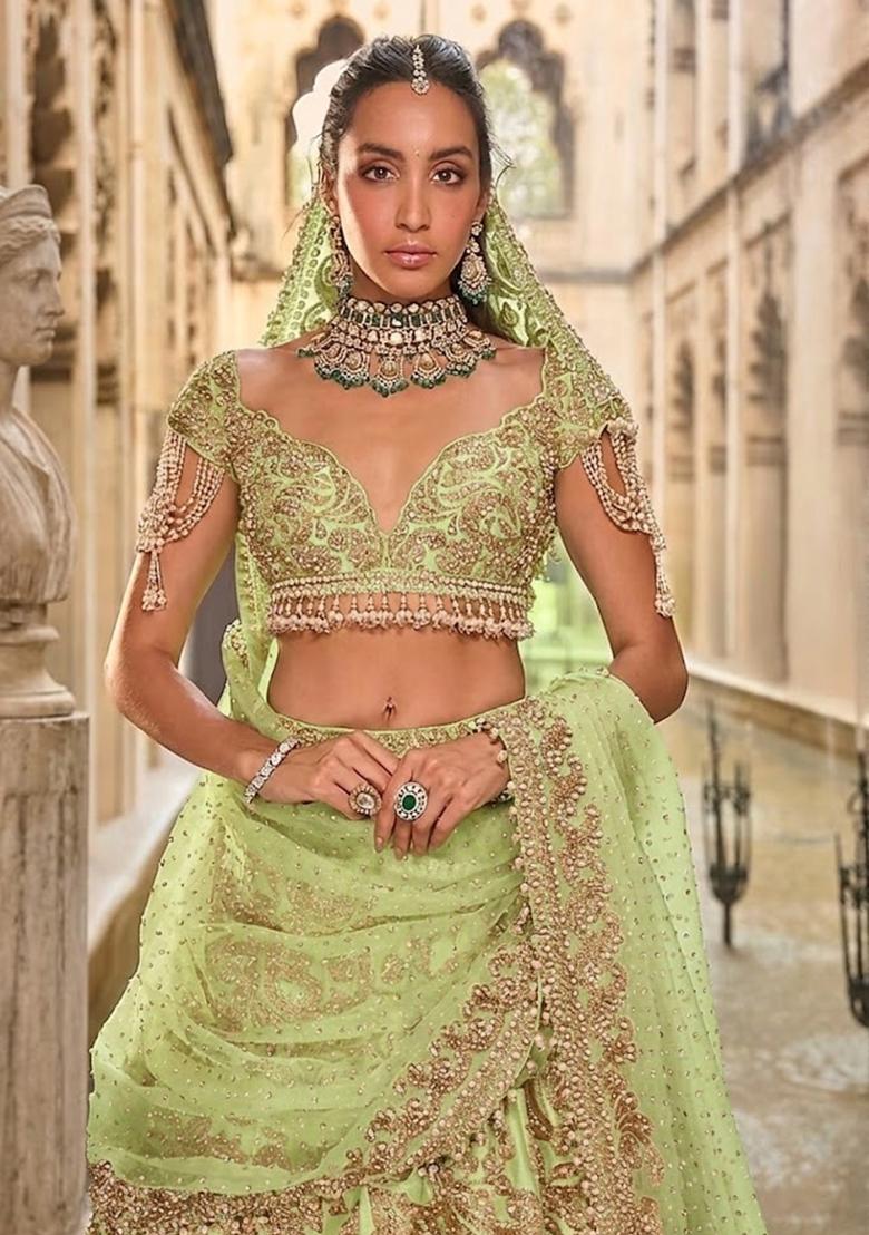 Pista Green Embroidered Bridal Lehenga Set - Indya