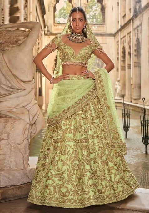 Pista Green Embroidered Bridal Lehenga Set — view on Indya