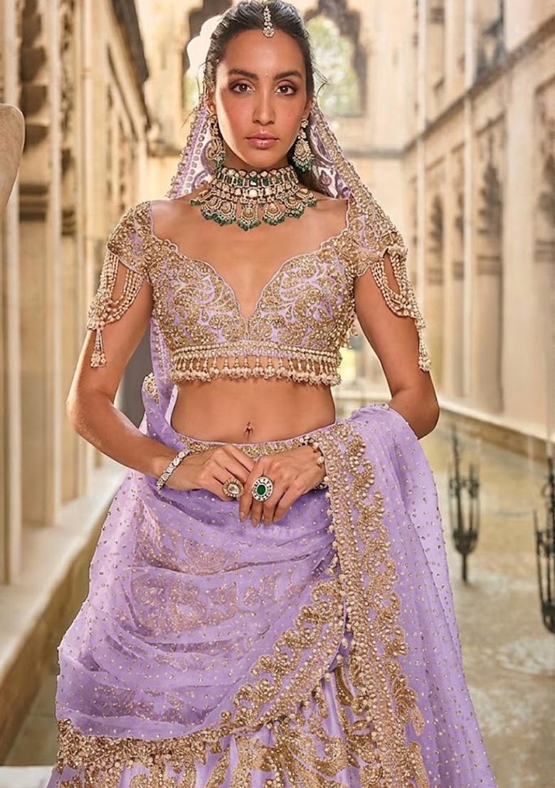 Lavender Embroidered Bridal Lehenga Set - Indya