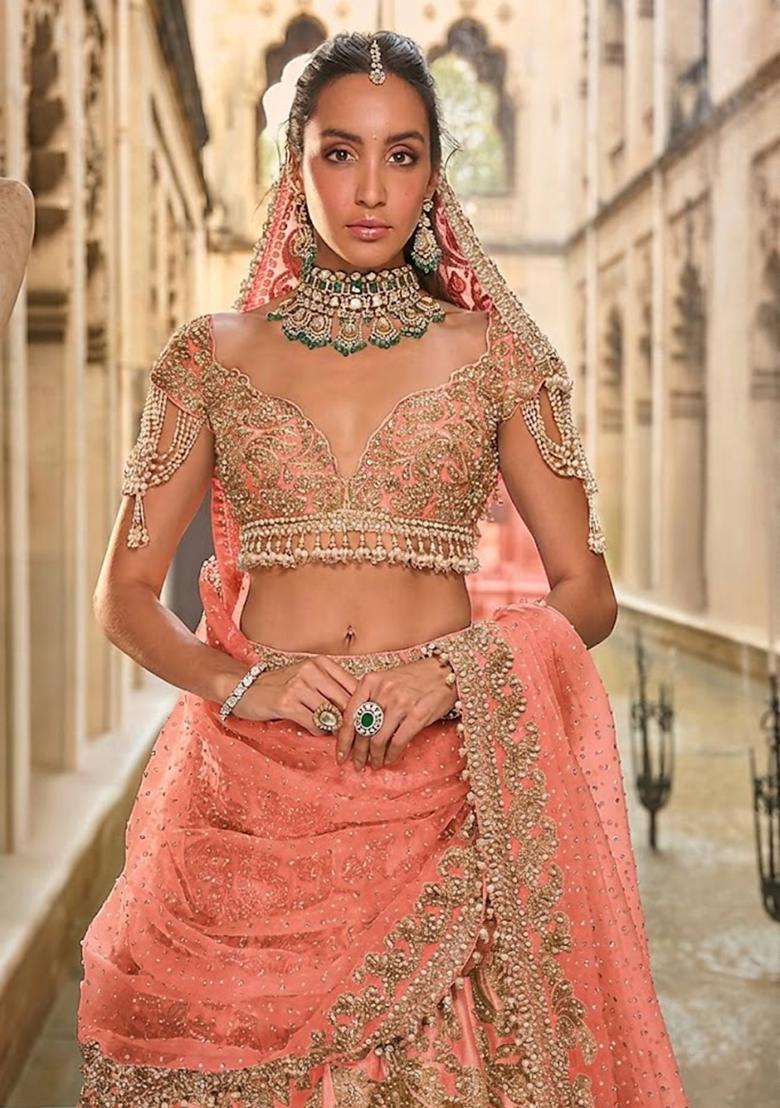 Peach Embroidered Bridal Lehenga Set - Indya