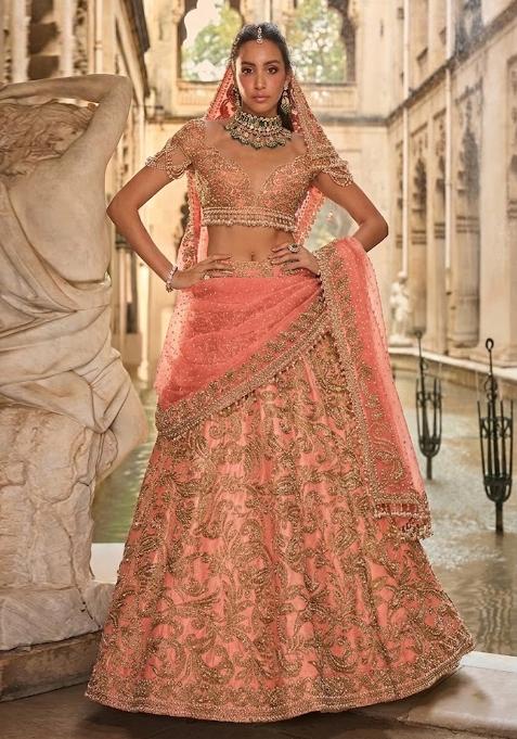 Peach Embroidered Bridal Lehenga Set — view on Indya
