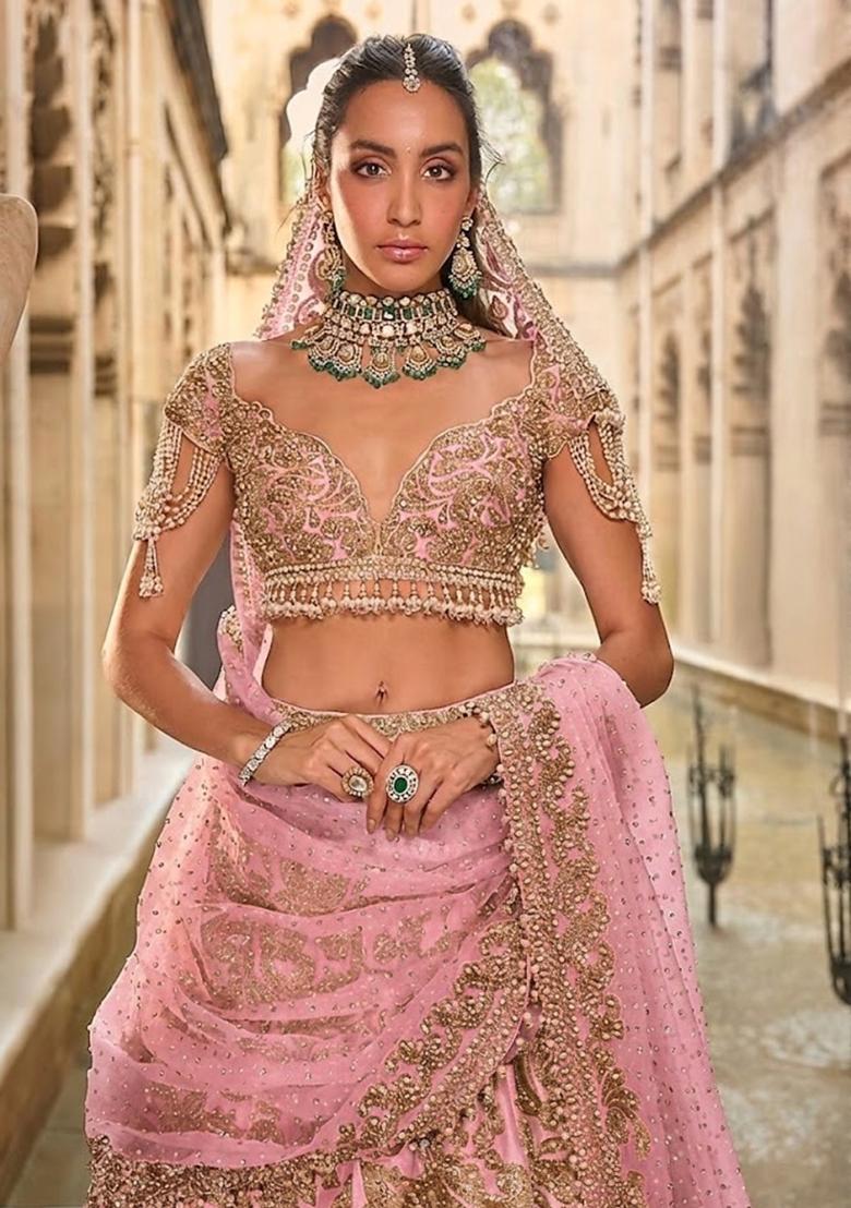Pink Embroidered Bridal Lehenga Set - Indya