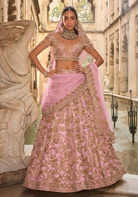 Pink Embroidered Bridal Lehenga Set — view on Indya