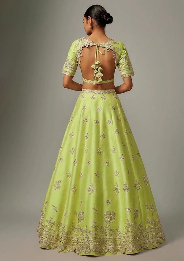 Lime Green Embroidered Bridal Lehenga Set - Indya