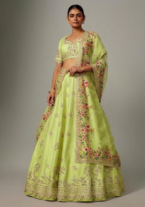 Lime Green Embroidered Bridal Lehenga Set — view on Indya