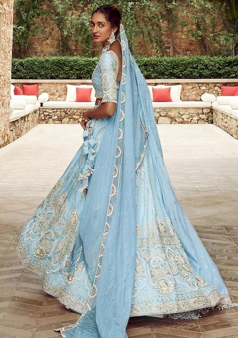 Sky Blue Embroidered Bridal Lehenga Set - Indya