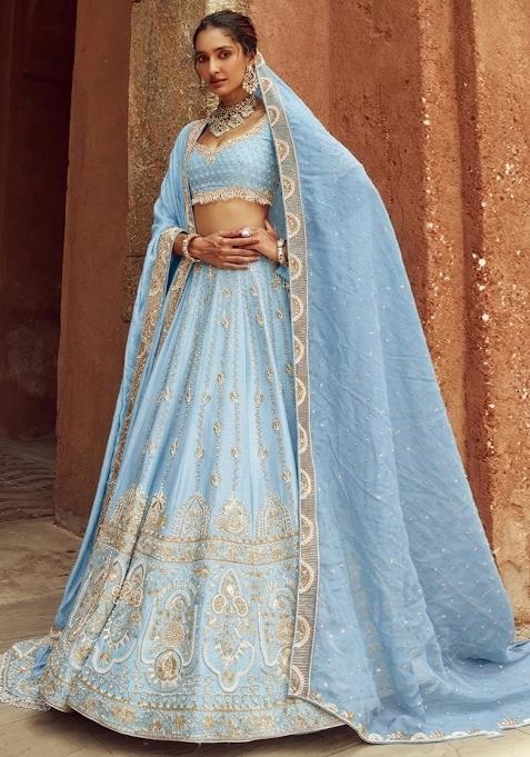 Sky Blue Embroidered Bridal Lehenga Set — view on Indya