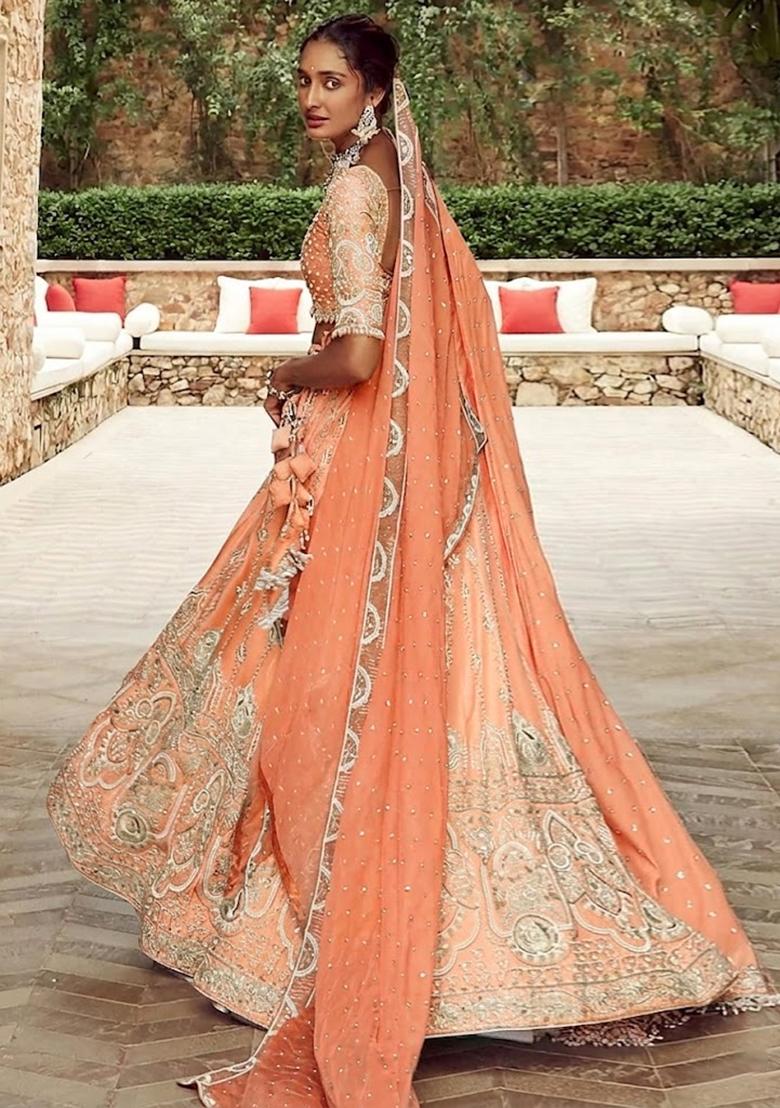 Peach Embroidered Bridal Lehenga Set - Indya