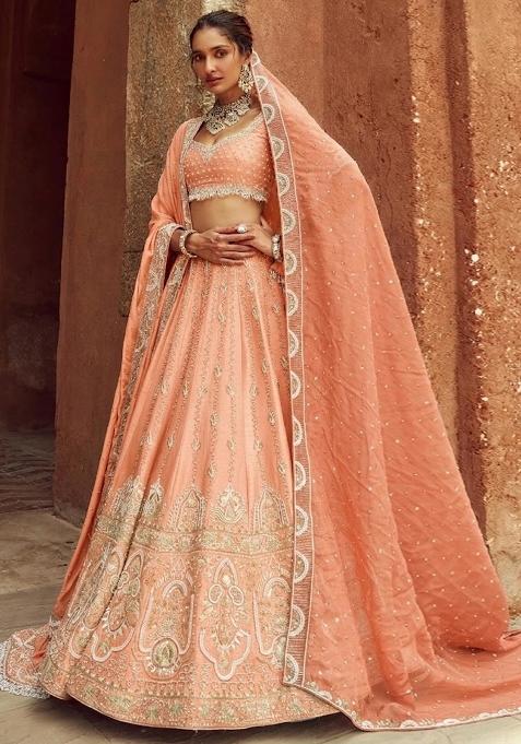 Peach Embroidered Bridal Lehenga Set — view on Indya