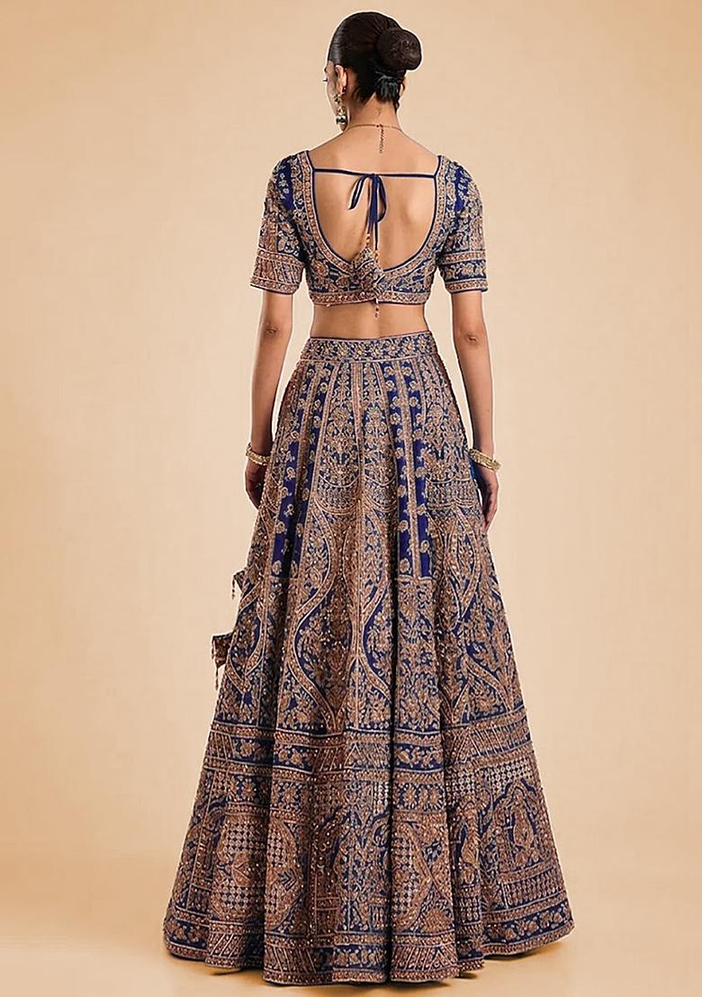 Navy Blue Embroidered Bridal Lehenga Set - Indya