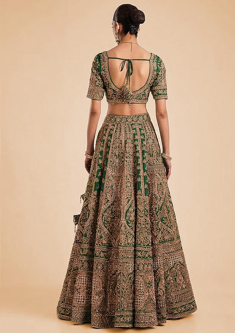 Green Embroidered Bridal Lehenga Set - Indya