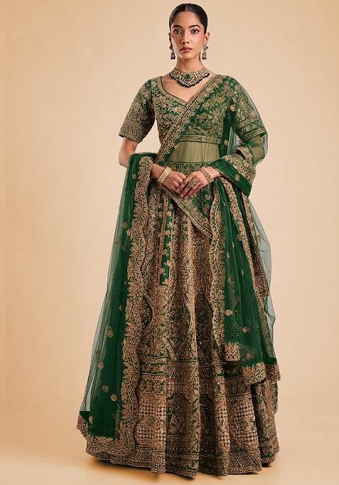 Green Embroidered Bridal Lehenga Set — view on Indya