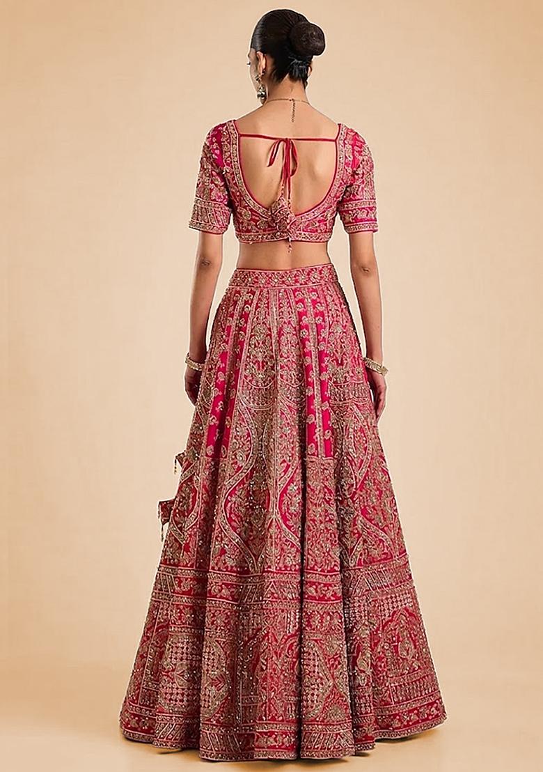 Pink Embroidered Bridal Lehenga Set - Indya