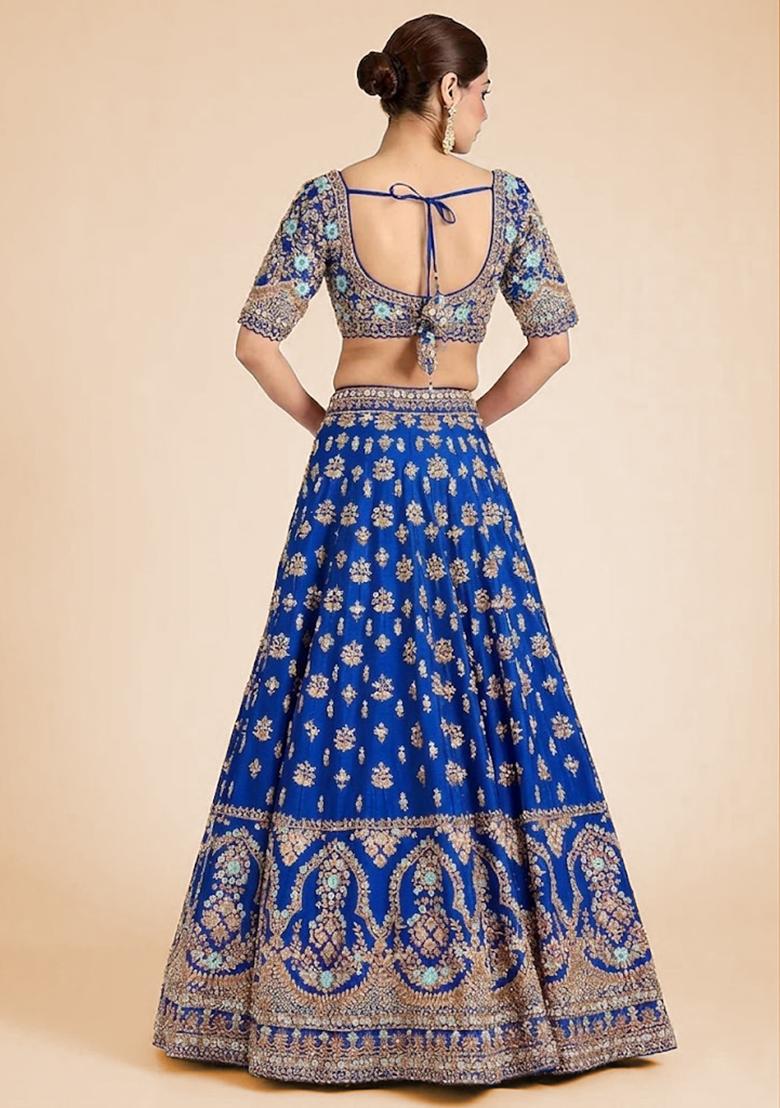Cobalt Blue Embroidered Bridal Lehenga Set - Indya