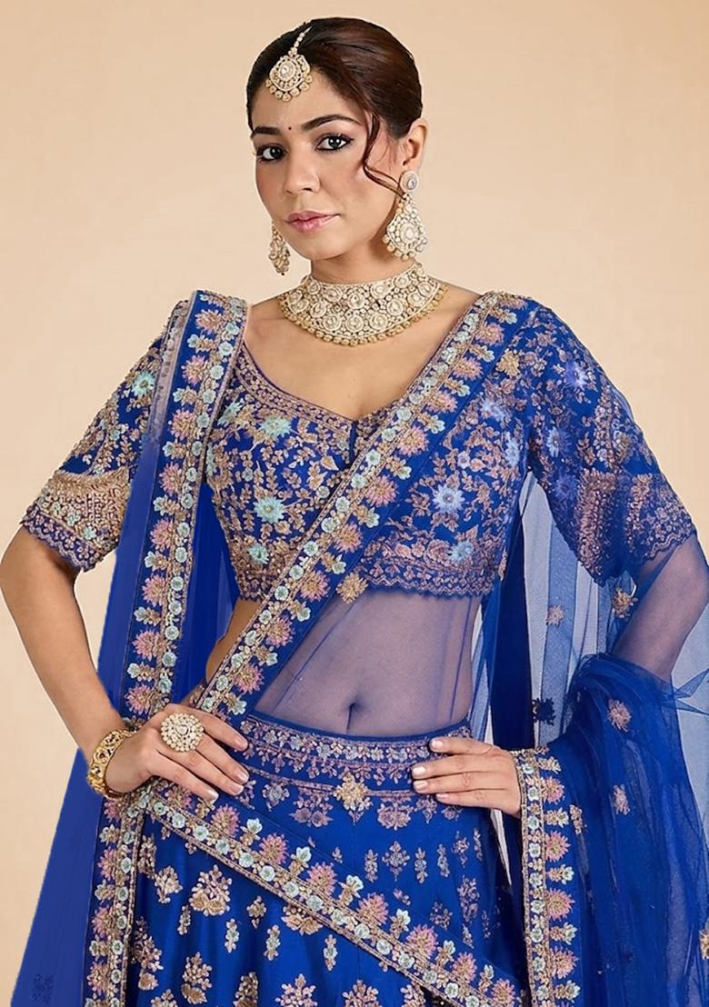 Cobalt Blue Embroidered Bridal Lehenga Set - Indya