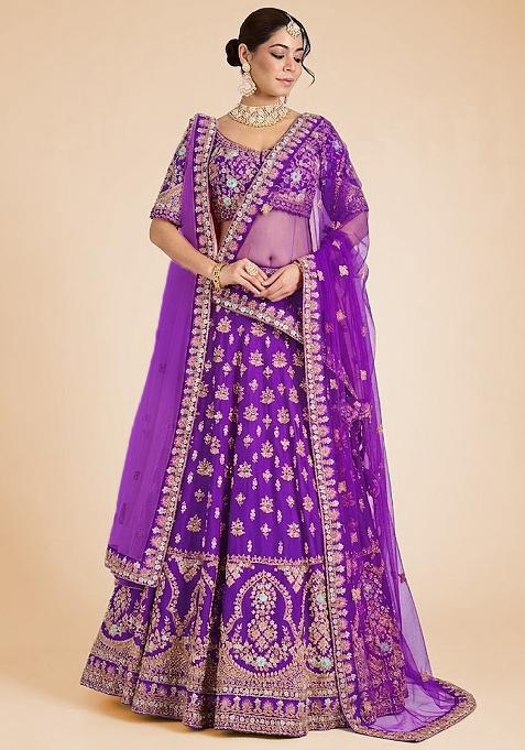Purple Embroidered Bridal Lehenga Set — view on Indya