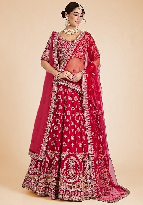 Red Embroidered Bridal Lehenga Set — view on Indya