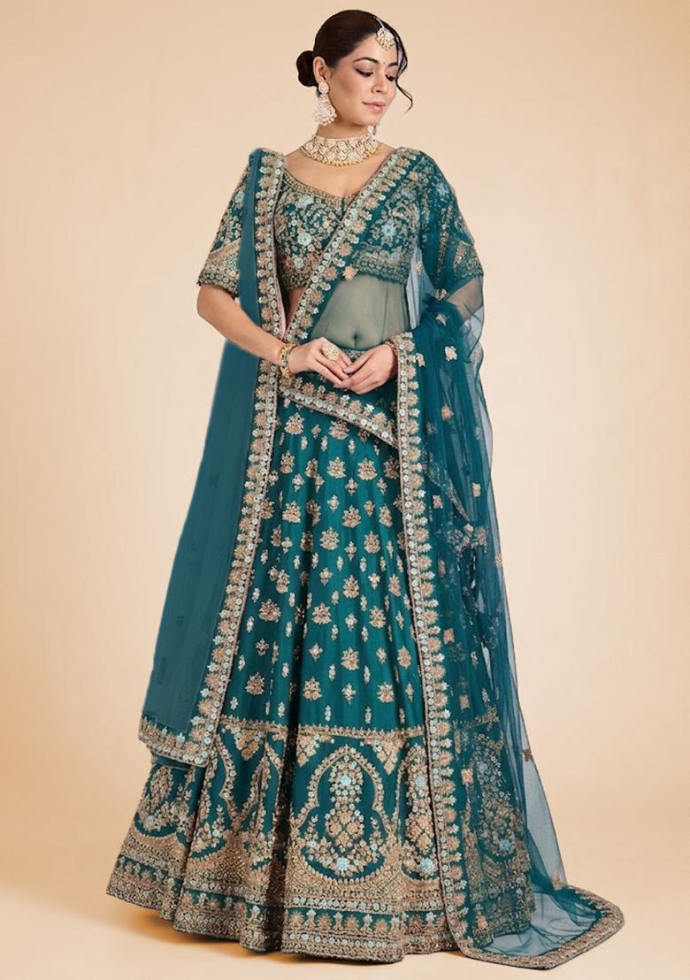 Teal Embroidered Bridal Lehenga Set - Indya