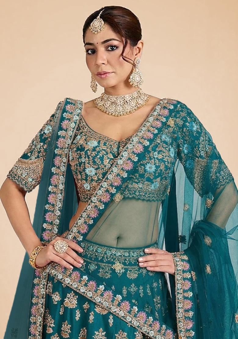 Teal Embroidered Bridal Lehenga Set - Indya