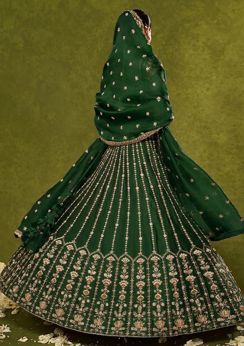Green Embroidered Bridal Lehenga Set - Indya