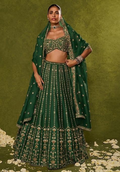 Green Embroidered Bridal Lehenga Set — view on Indya