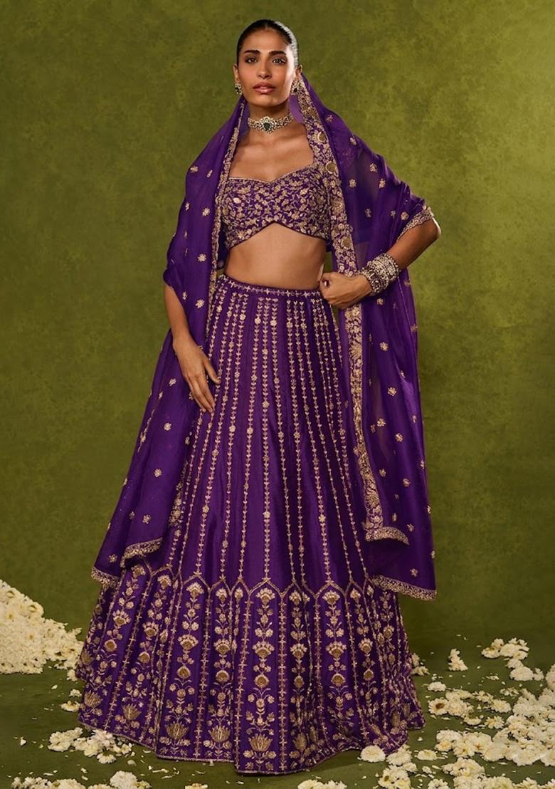 Purple Embroidered Bridal Lehenga Set - Indya