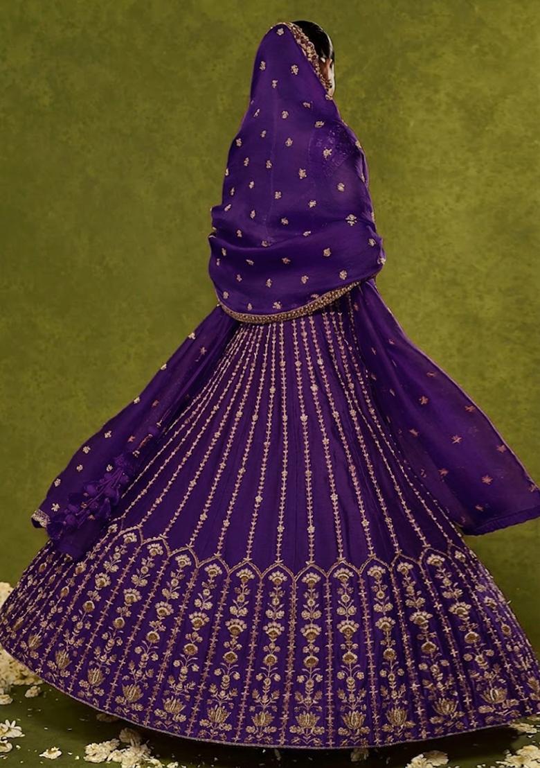 Purple Embroidered Bridal Lehenga Set - Indya