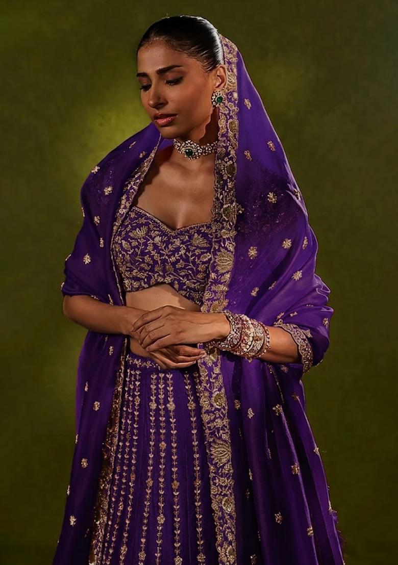 Purple Embroidered Bridal Lehenga Set - Indya