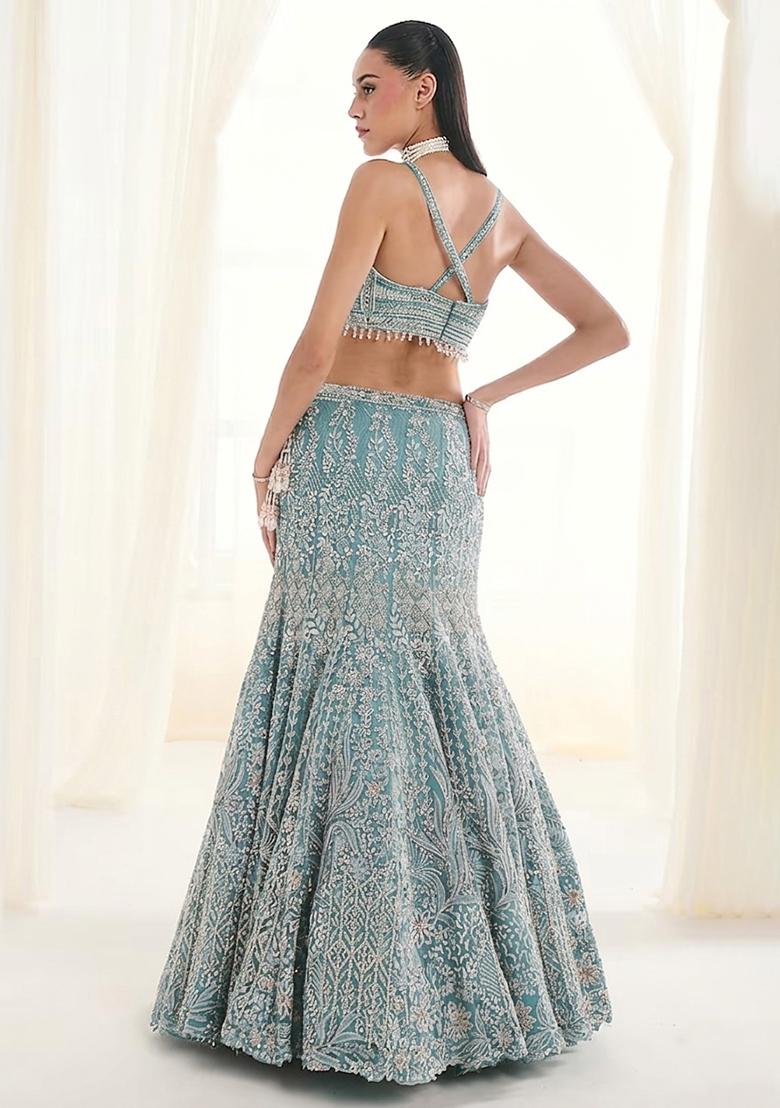 Light Blue Embroidered Bridal Lehenga Set - Indya
