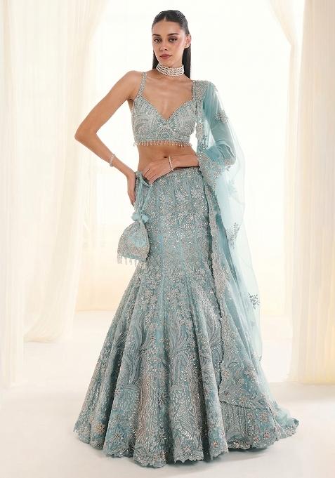 Light Blue Embroidered Bridal Lehenga Set — view on Indya