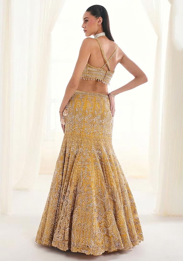 Yellow Embroidered Bridal Lehenga Set - Indya