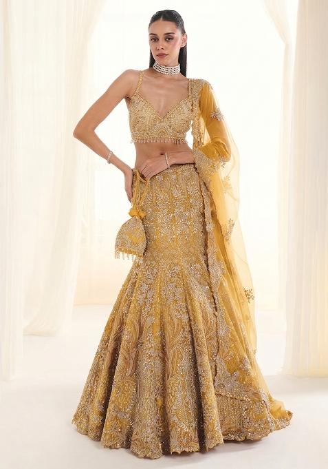Yellow Embroidered Bridal Lehenga Set — view on Indya