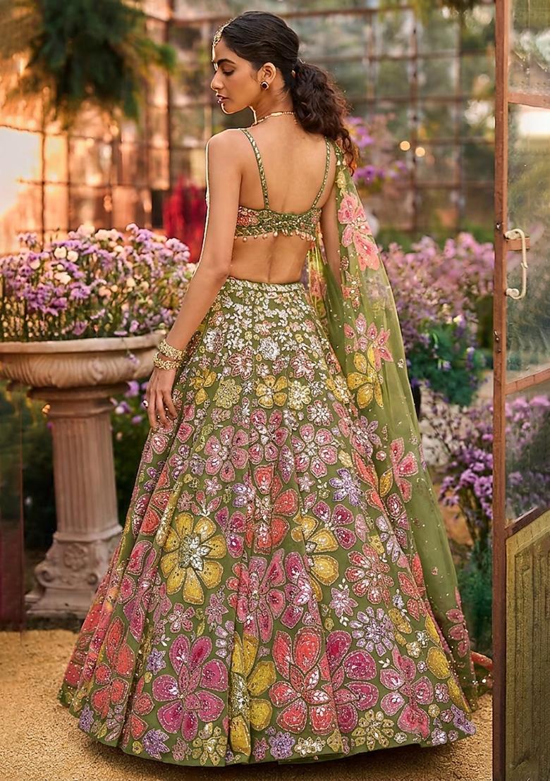 Olive Green Embroidered Bridal Lehenga Set - Indya