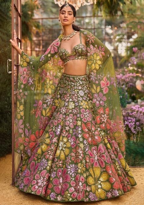 Olive Green Embroidered Bridal Lehenga Set — view on Indya