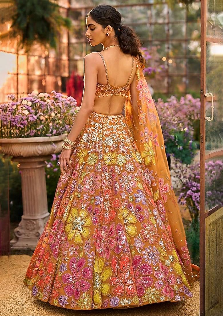 Orange Embroidered Bridal Lehenga Set - Indya