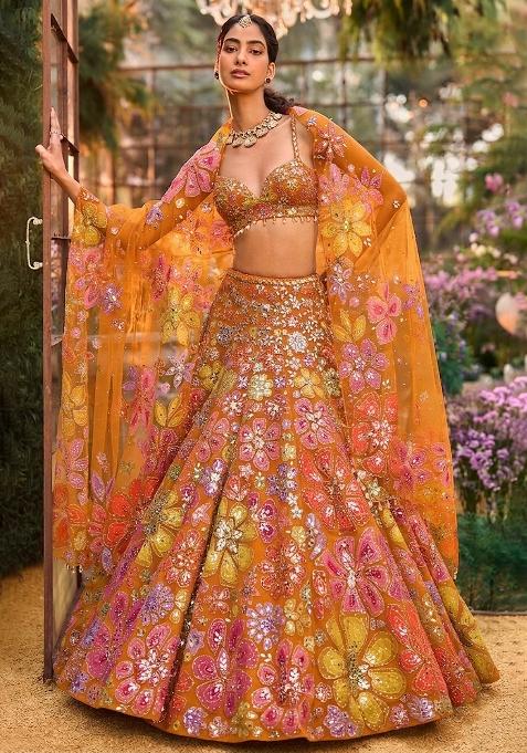 Orange Embroidered Bridal Lehenga Set — view on Indya