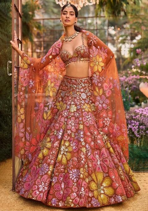 Multi Embroidered Bridal Lehenga Set — view on Indya
