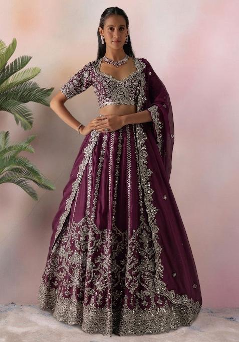 Purple Embroidered Bridal Lehenga Set — view on Indya