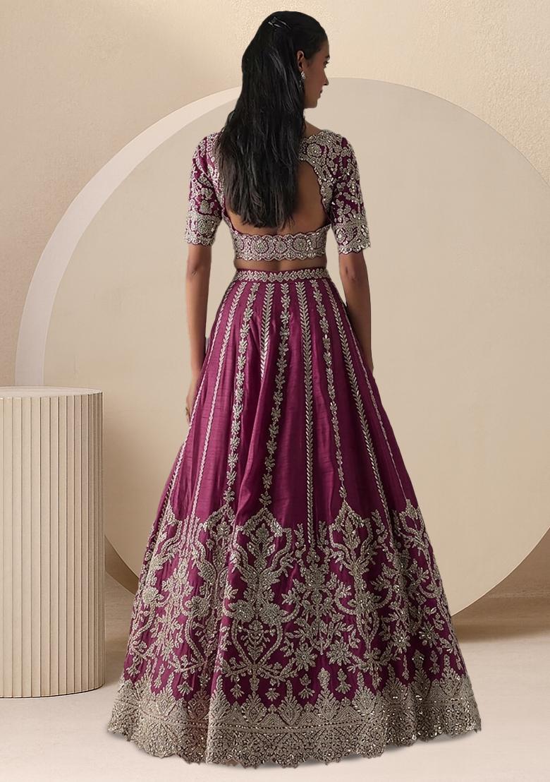 Purple Embroidered Bridal Lehenga Set - Indya