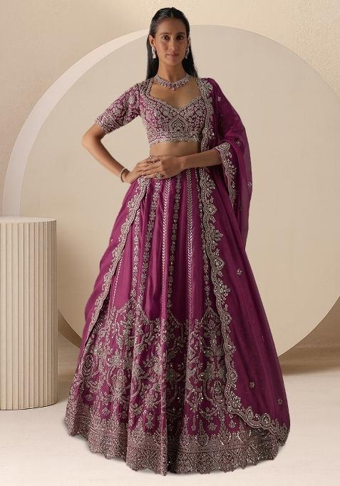 Purple Embroidered Bridal Lehenga Set — view on Indya