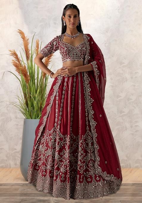 Red Embroidered Bridal Lehenga Set — view on Indya