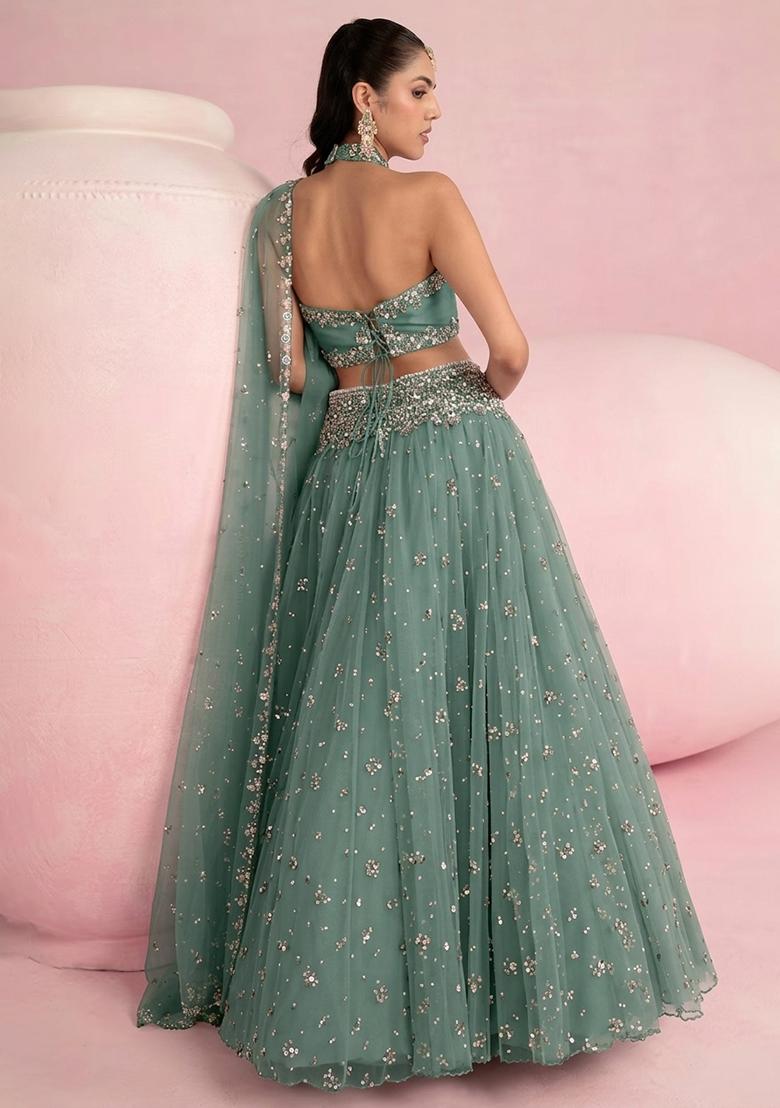 Green Embroidered Bridal Lehenga Set - Indya
