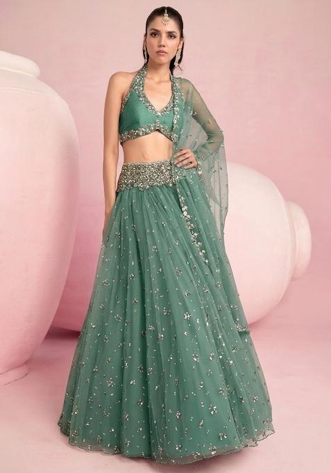 Green Embroidered Bridal Lehenga Set — view on Indya